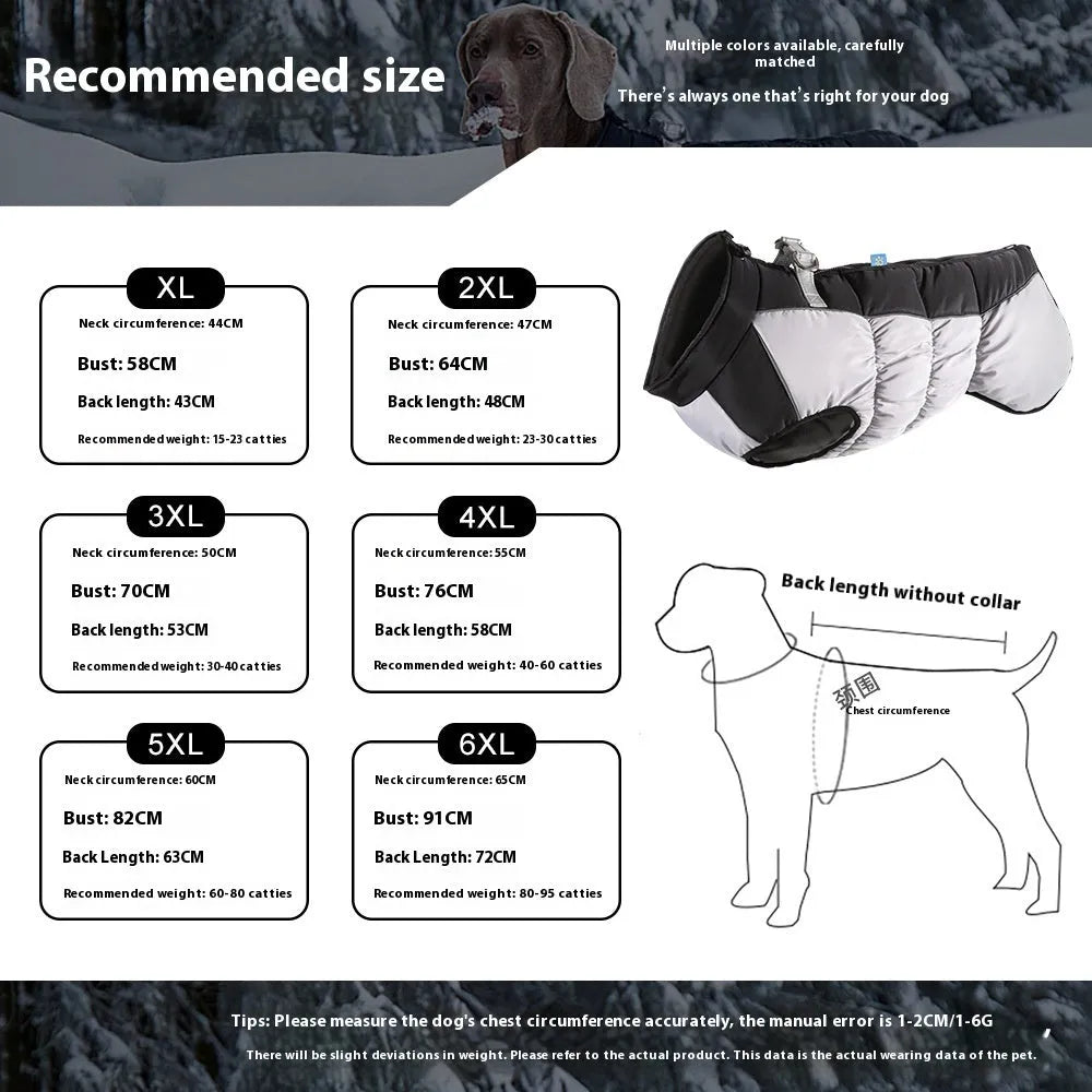 Large dog wearing reflective waterproof winter coat in polar fleece material