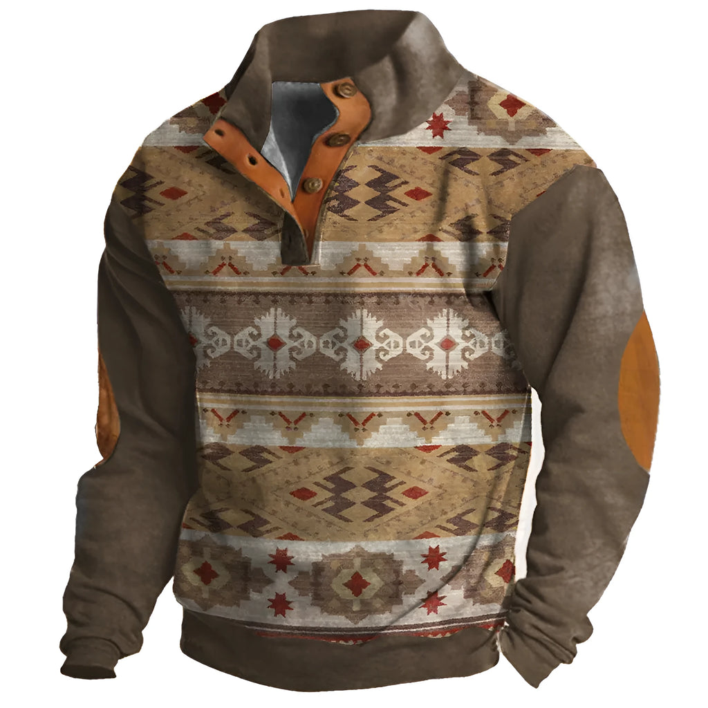 Loose fit grey long-sleeved sweater with a colourful digital 3D pattern and four-button placket.