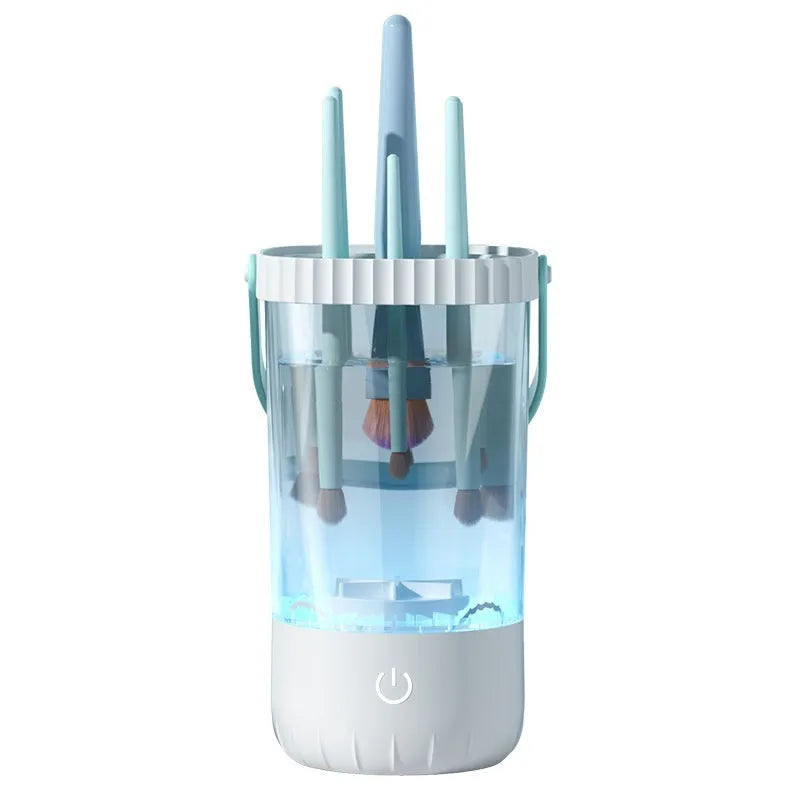 White rechargeable electric makeup brush cleaning device with data cable.