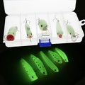 Set of five 3D fluorescent submerged luminous hard bait fishing lures in various colours.