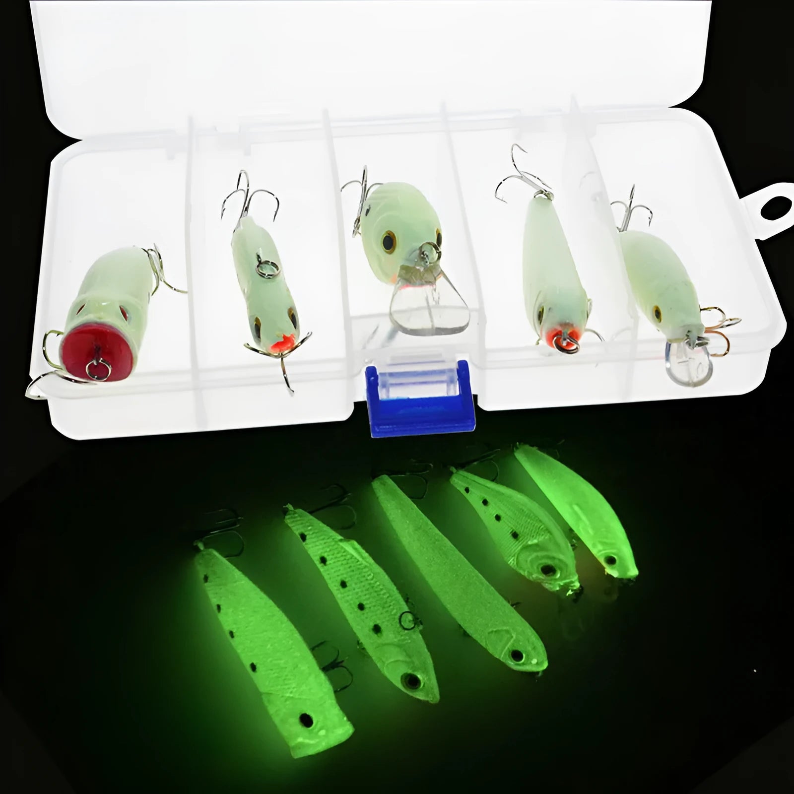 Set of five 3D fluorescent submerged luminous hard bait fishing lures in various colours.