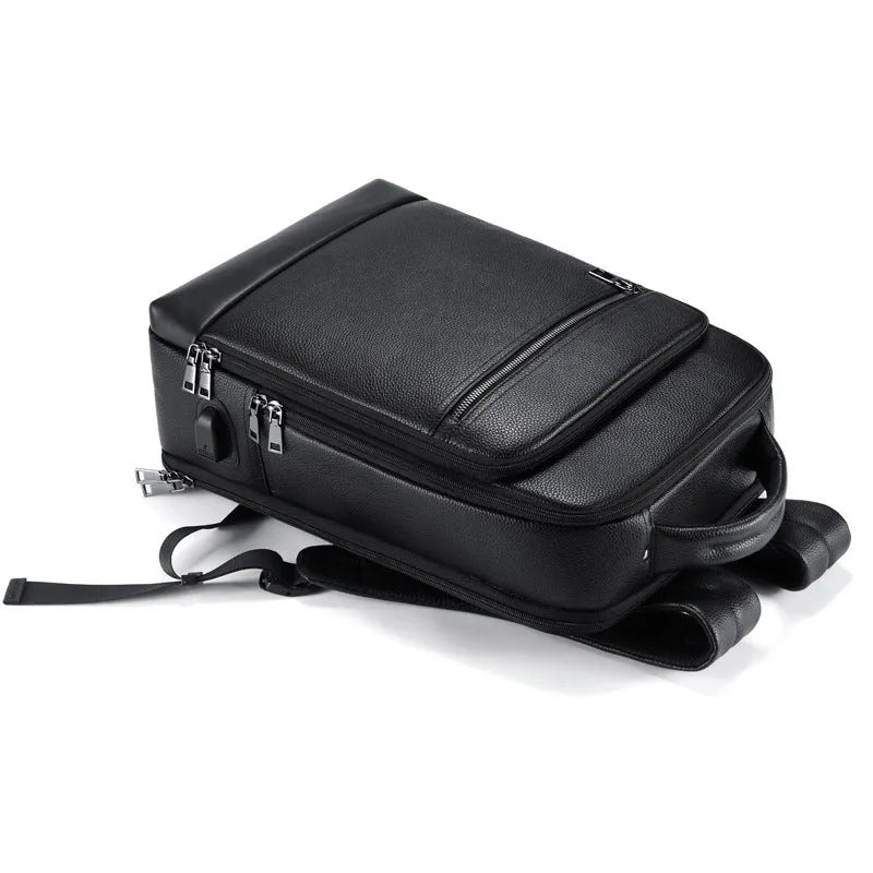 Black genuine leather men's business computer backpack with curved shoulder strap