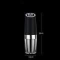 Black and silver electric pepper and salt grinder set with clear acrylic body on a kitchen counter.