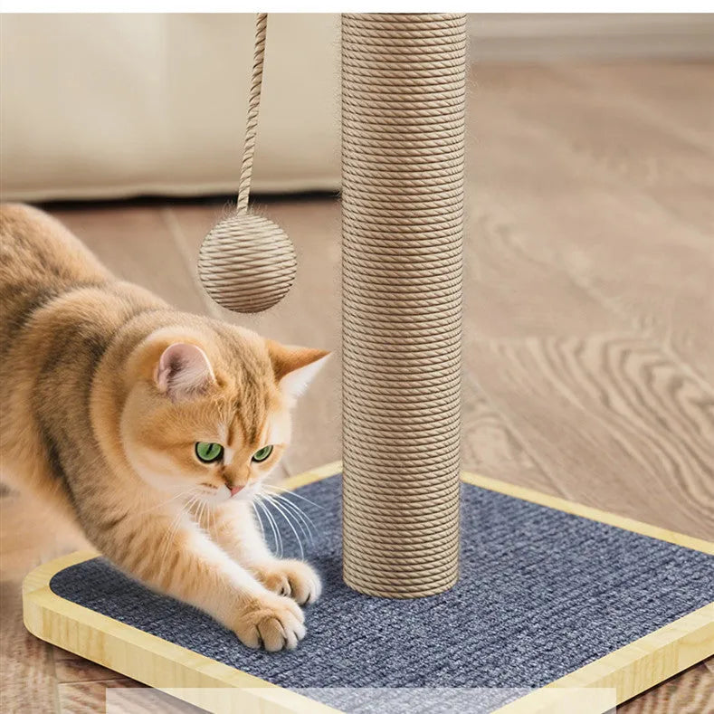Simple style pine wood cat climbing frame with carpet leather scratching post and dangling windmill ball toy.