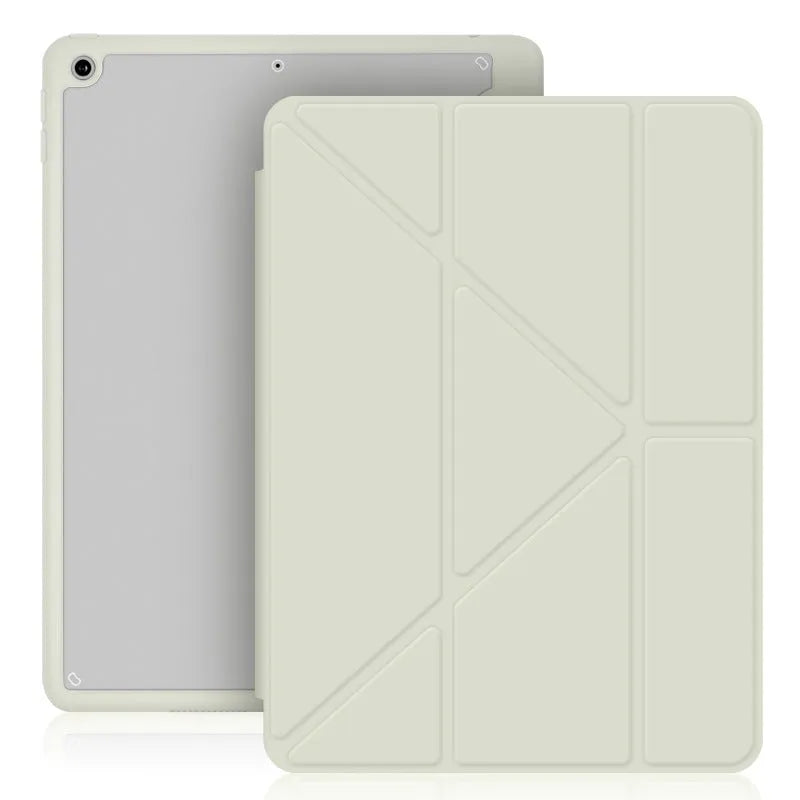 Acrylic Y-folding protective case for iPad with integrated pen slot, shown in dark grey.