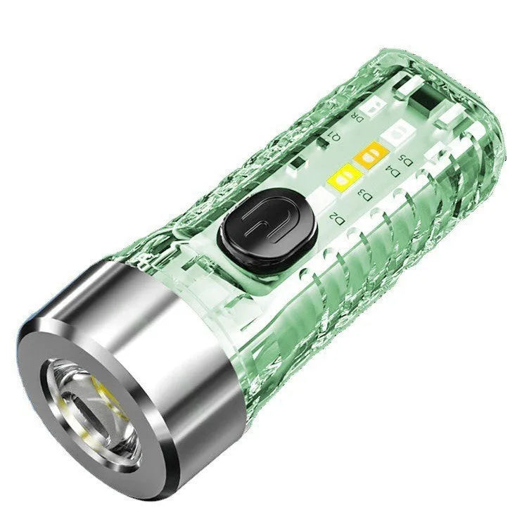 Mini LED keychain flashlight with high-strength ABS shell in transparent colour, shown on a keyring for portable night lighting