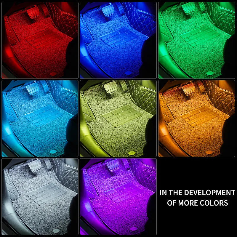 Car interior footwell LED atmosphere lighting kit with 36 lights and controller showing eight colour options
