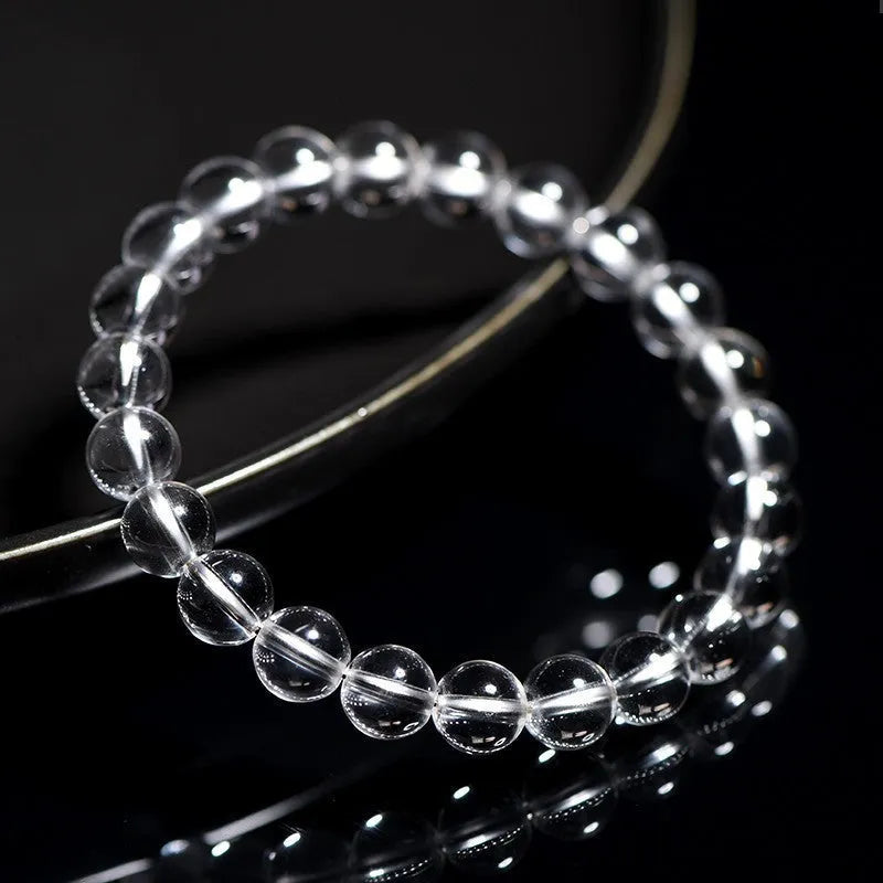 Natural Donghai old materials white water round bead crystal bracelet showing single circle design.