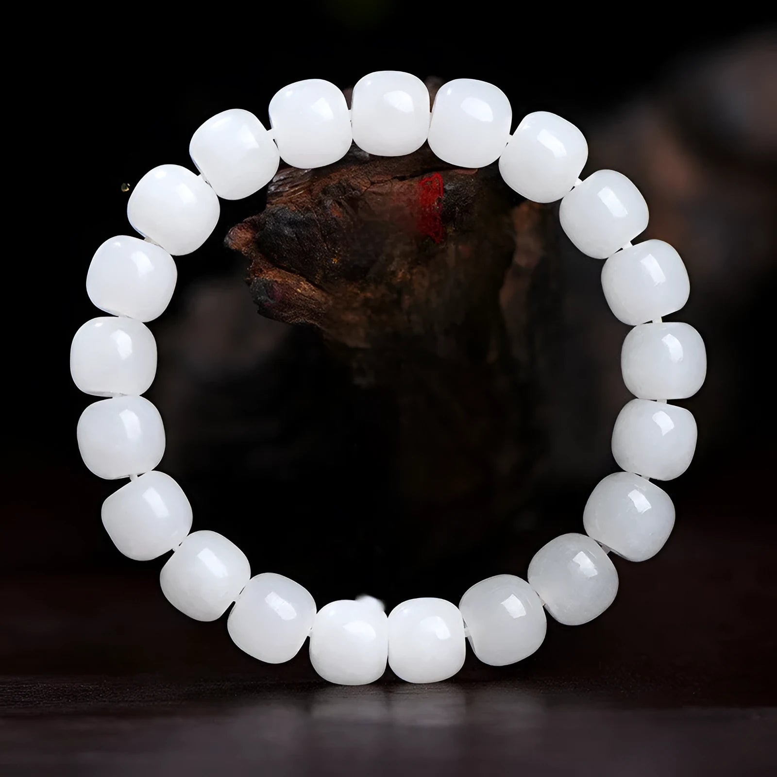 White Hetian jade barrel bead bracelet for men and women showing bead size options.