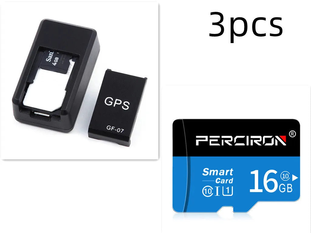 Small black magnetic GPS car tracker with USB charging cable on a metal surface.