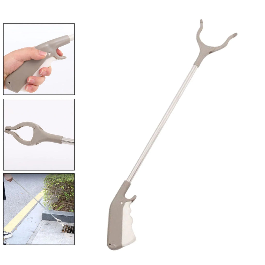 Stainless steel garbage picker with extended 40cm arm and plastic handle.