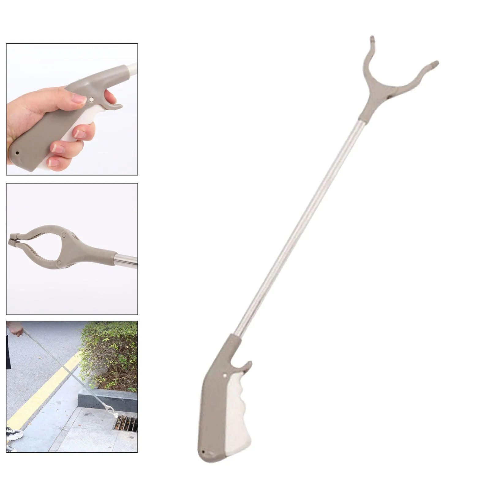 Stainless steel garbage picker with extended 40cm arm and plastic handle.