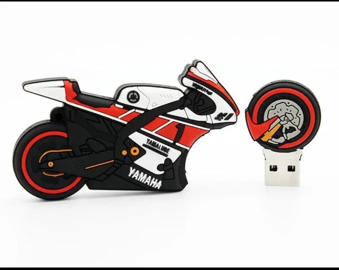 Cartoon motorcycle USB flash drive in red and white with wrist strap loop