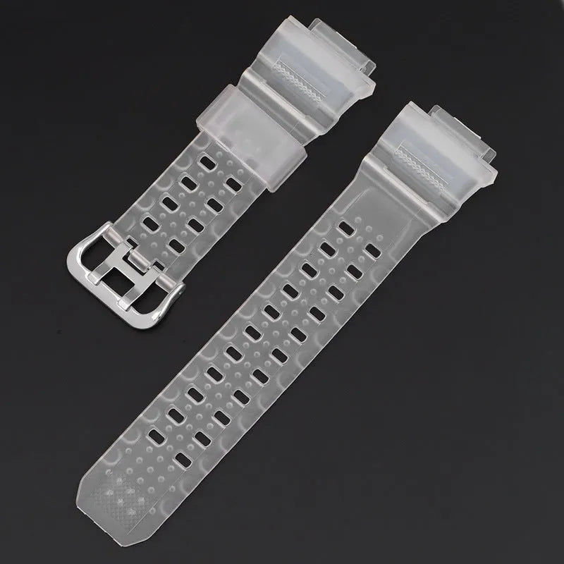 Camouflage pattern TPU watch strap with silver buckle on a grey background.