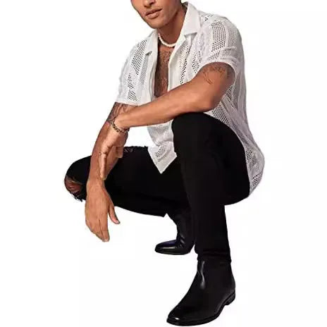 Man wearing a white knitted short-sleeved button cardigan shirt with textured Jacquard pattern.