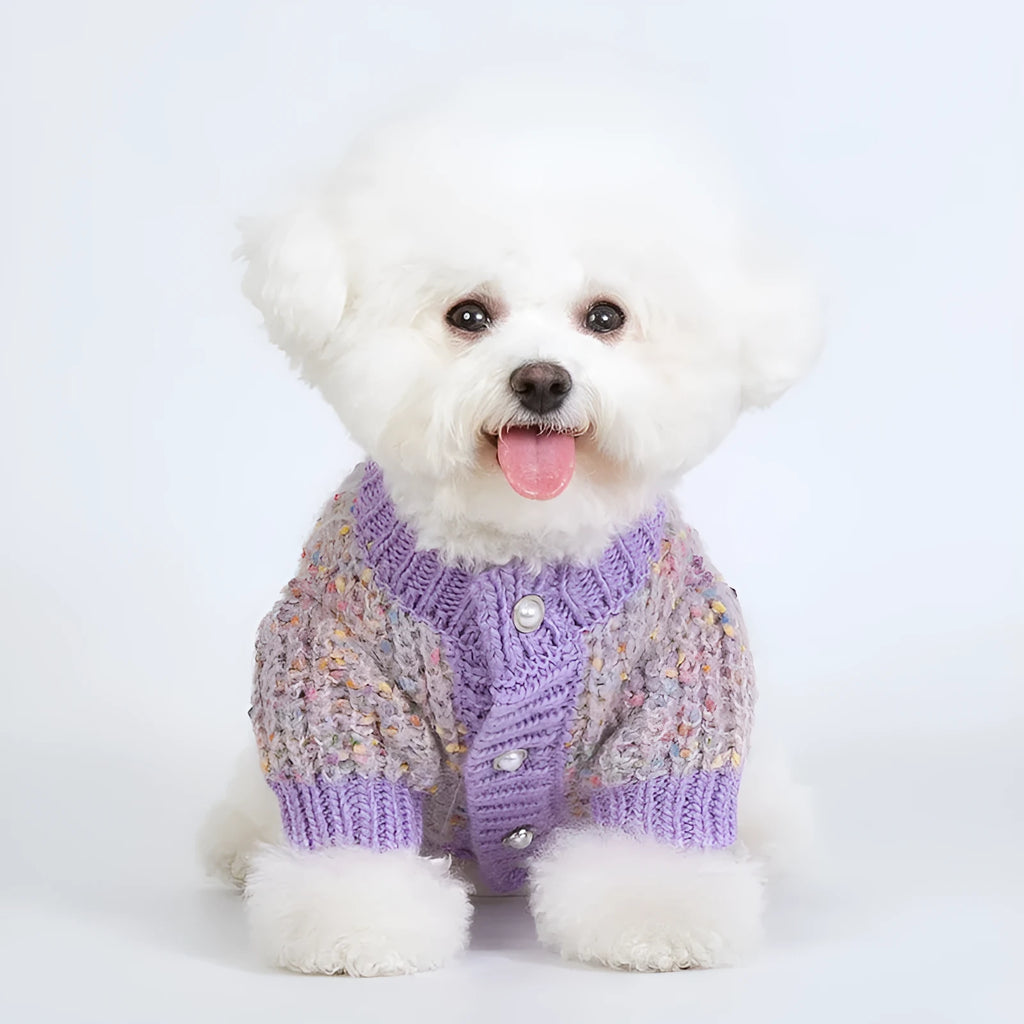 Purple dog cardigan sweater made from soft polyester fabric