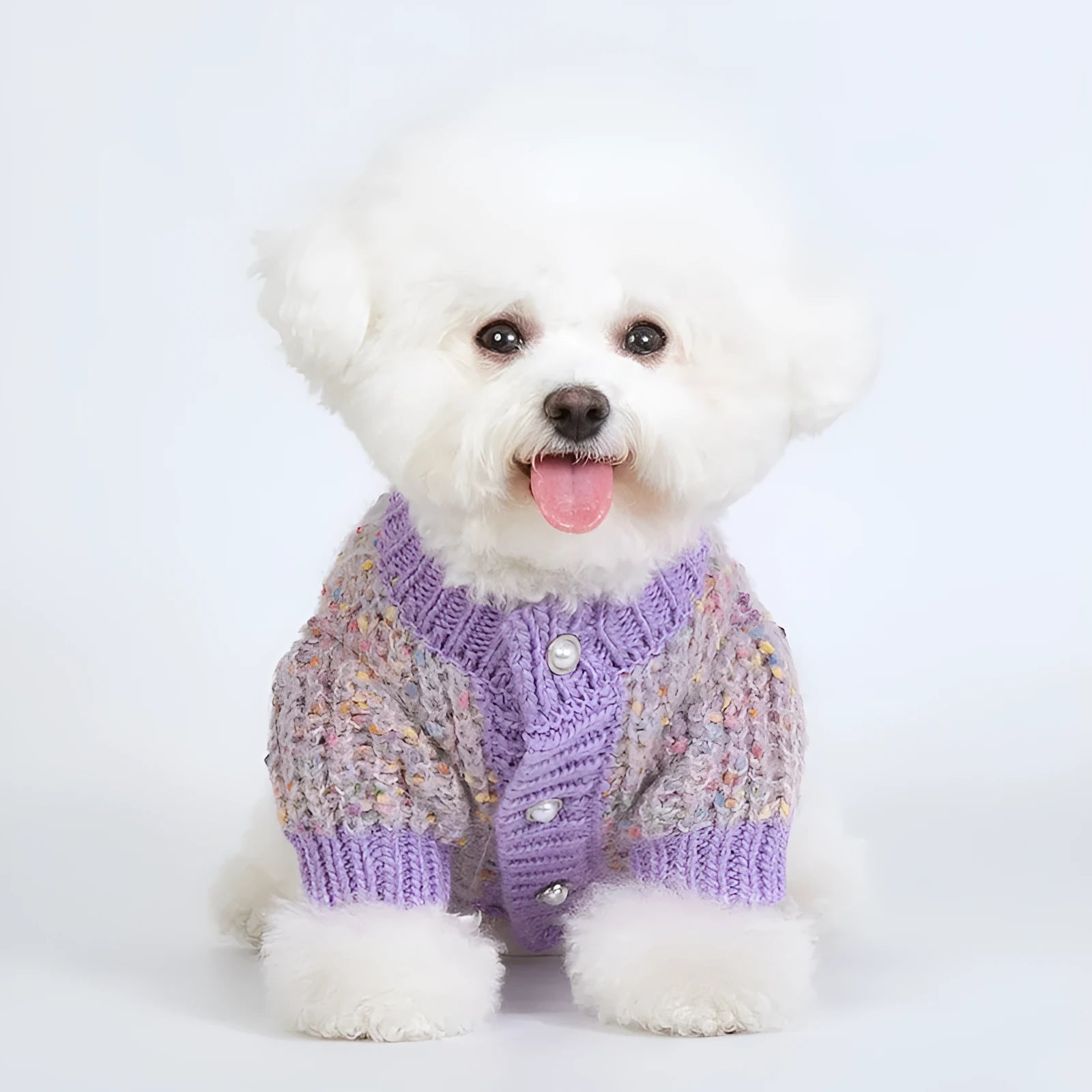 Purple dog cardigan sweater made from soft polyester fabric