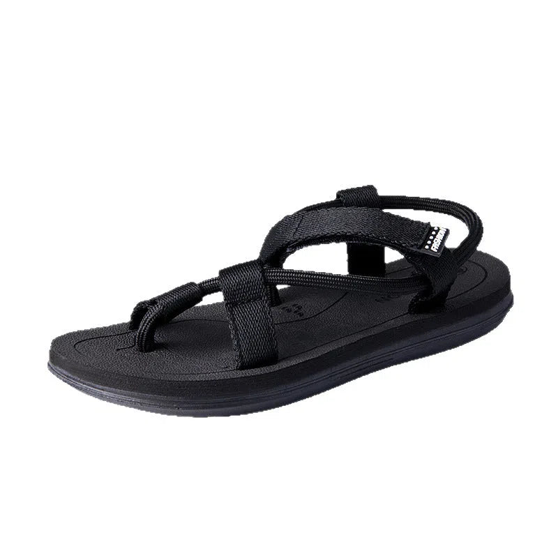 Men's breathable canvas open-toe beach slippers with Velcro strap in black, brown, and gray