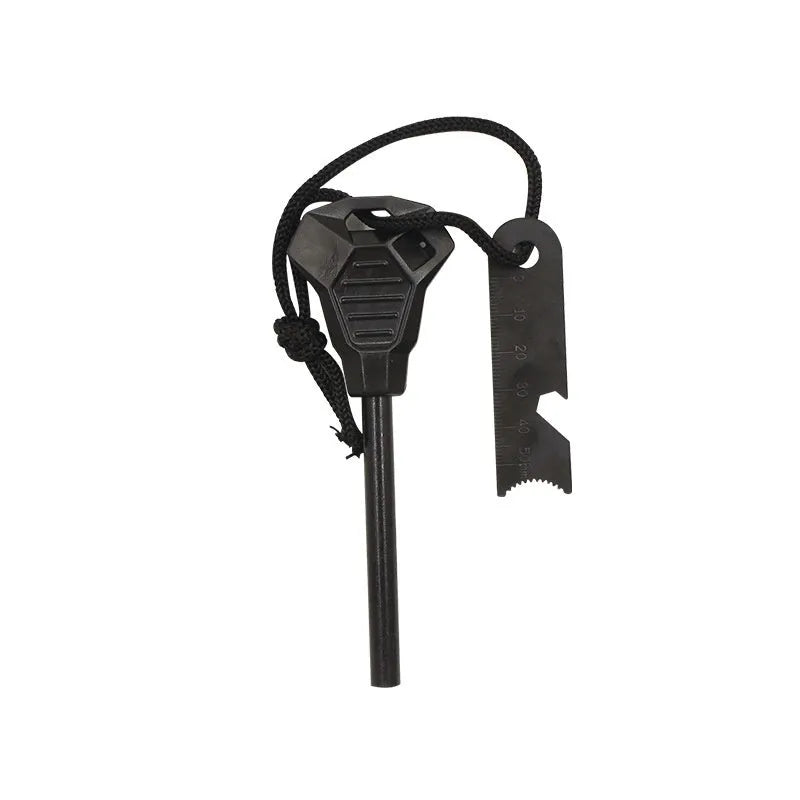 Black outdoor survival flint tool with magnesium rod and stainless steel scraper