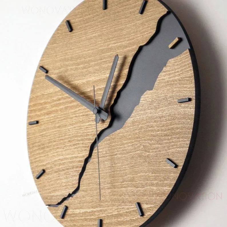Modern wooden wall clock with a cracked finish design and silent quartz movement.