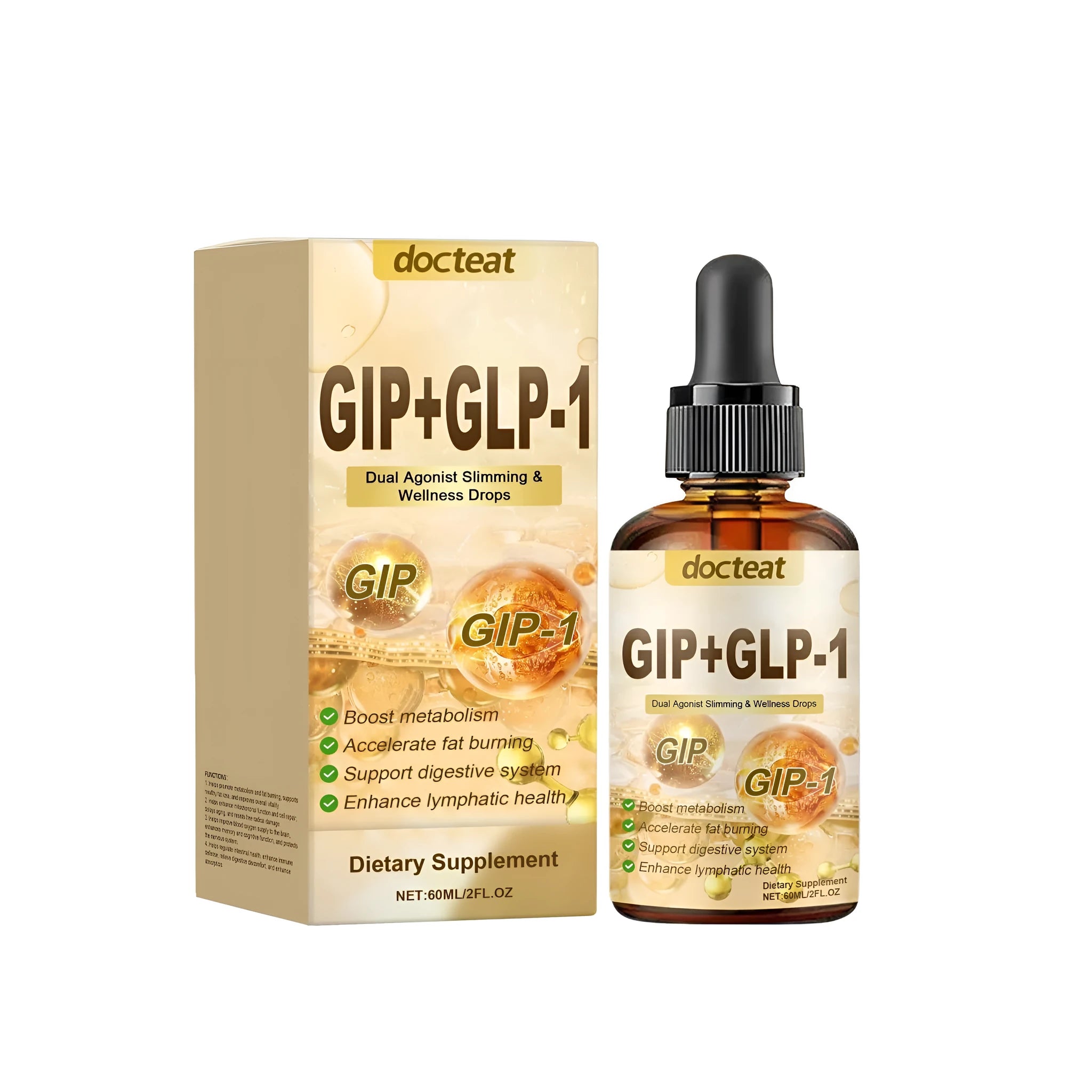 60ml bottle of Drip Health Drops liquid intestinal support supplement with dropper.