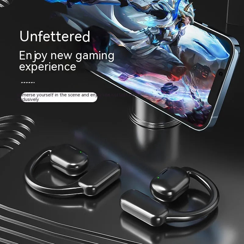 Black wireless Bluetooth headset with noise reduction and breathing light, ABS construction, for sports use