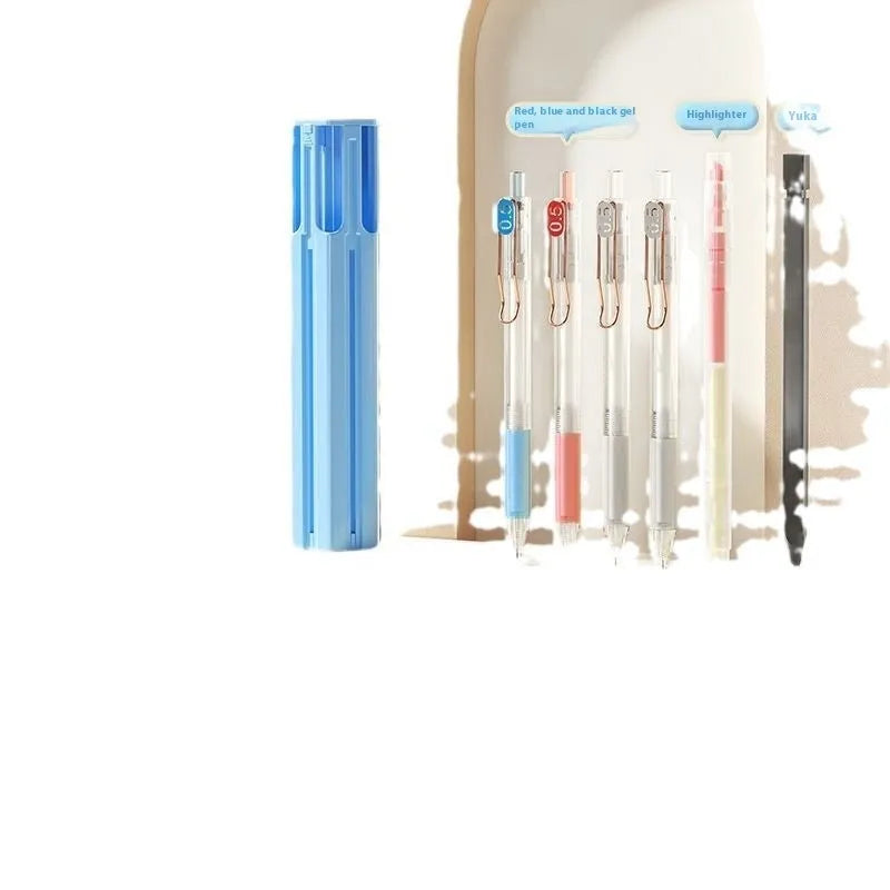 Plastic six pen pencil case kit showing Sky Blue, Vigorous White, and Girl Pink colour options