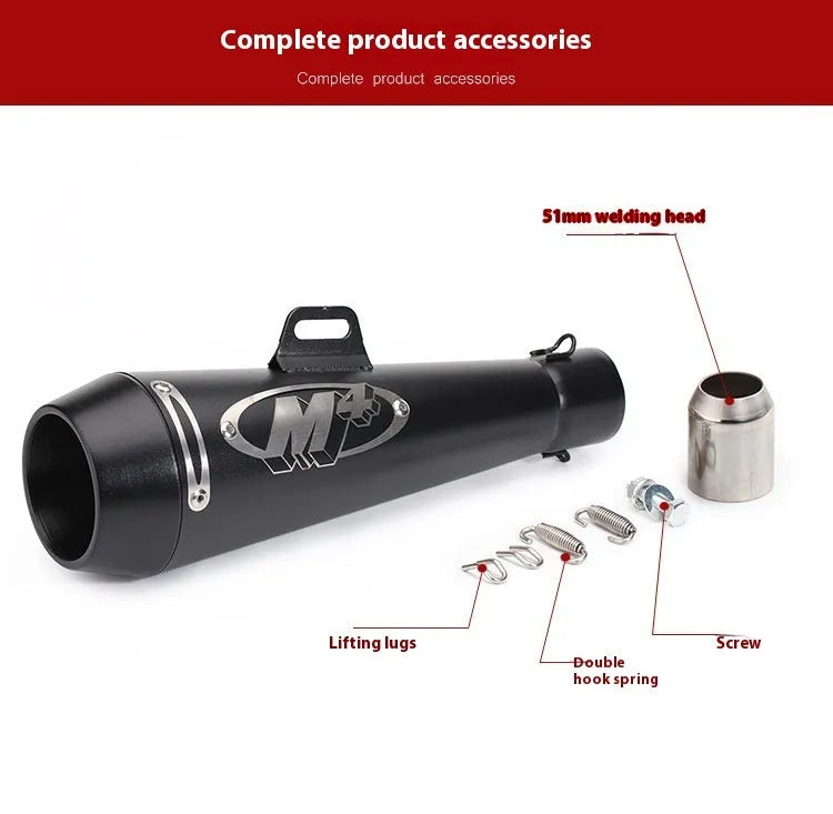 M4 universal motorcycle exhaust pipe in black, titanium, and blue finishes shown on a large displacement bike.
