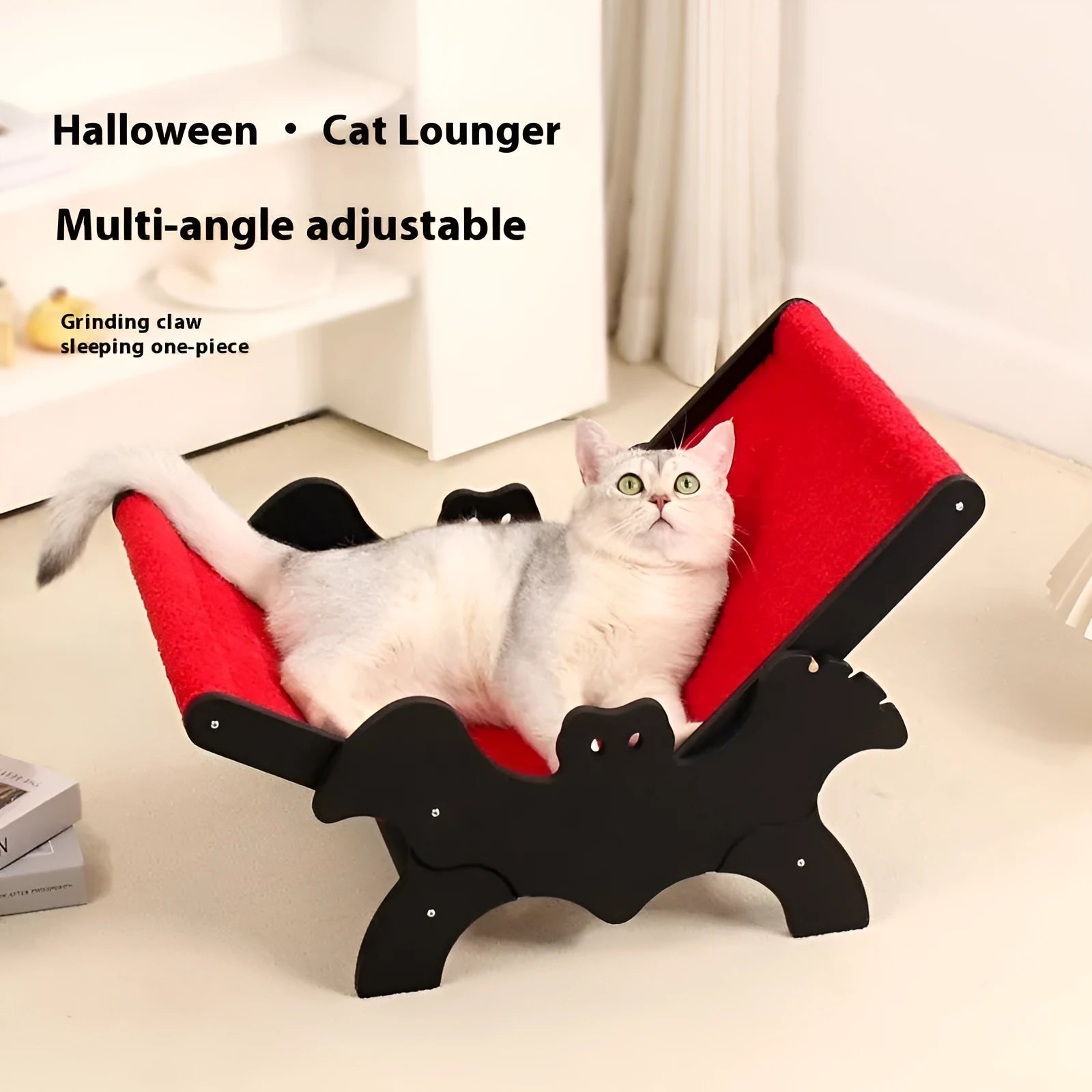 Black and red Halloween bat-themed wooden cat recliner bed with cage design and included lounge chair.