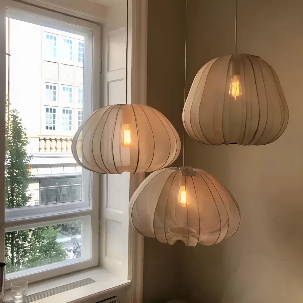 Japanese-style pumpkin-shaped ceiling lamp with net-patterned shade in grey-blue finish.
