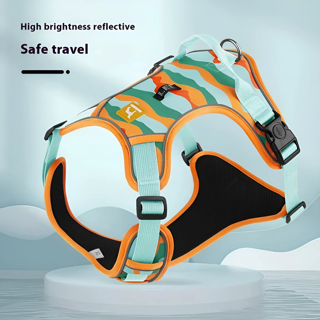 Orange reflective dog chest and back harness with an integrated hand-holding walking rope.