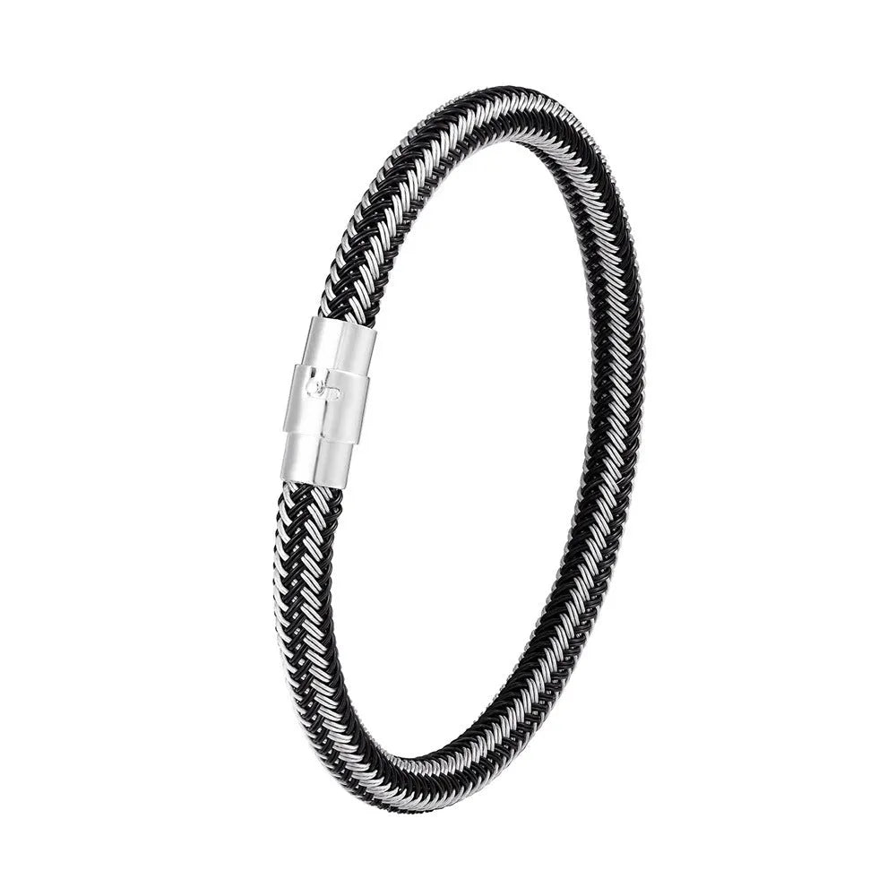 Geometric line design titanium steel bracelet with magnetic clasp on a wrist, showing adjustable sizing.