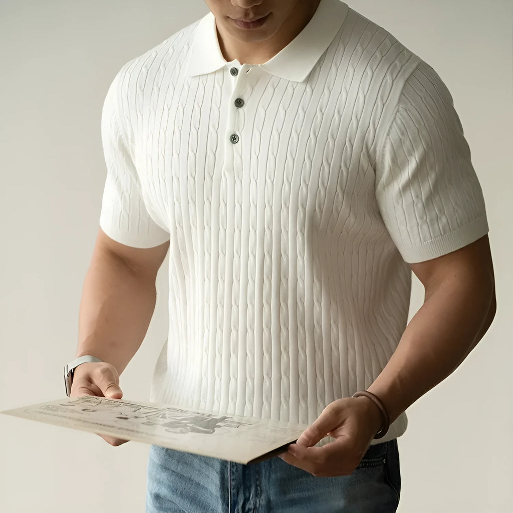Men's khaki short-sleeve versatile top on a hanger, showing business casual style.