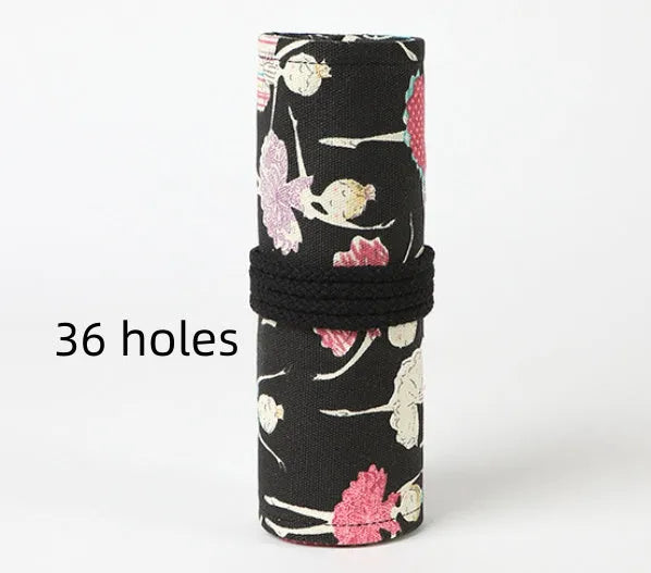 Square canvas rolling pencil case with Ballet Girl print, showing multiple holes for colour pencils.