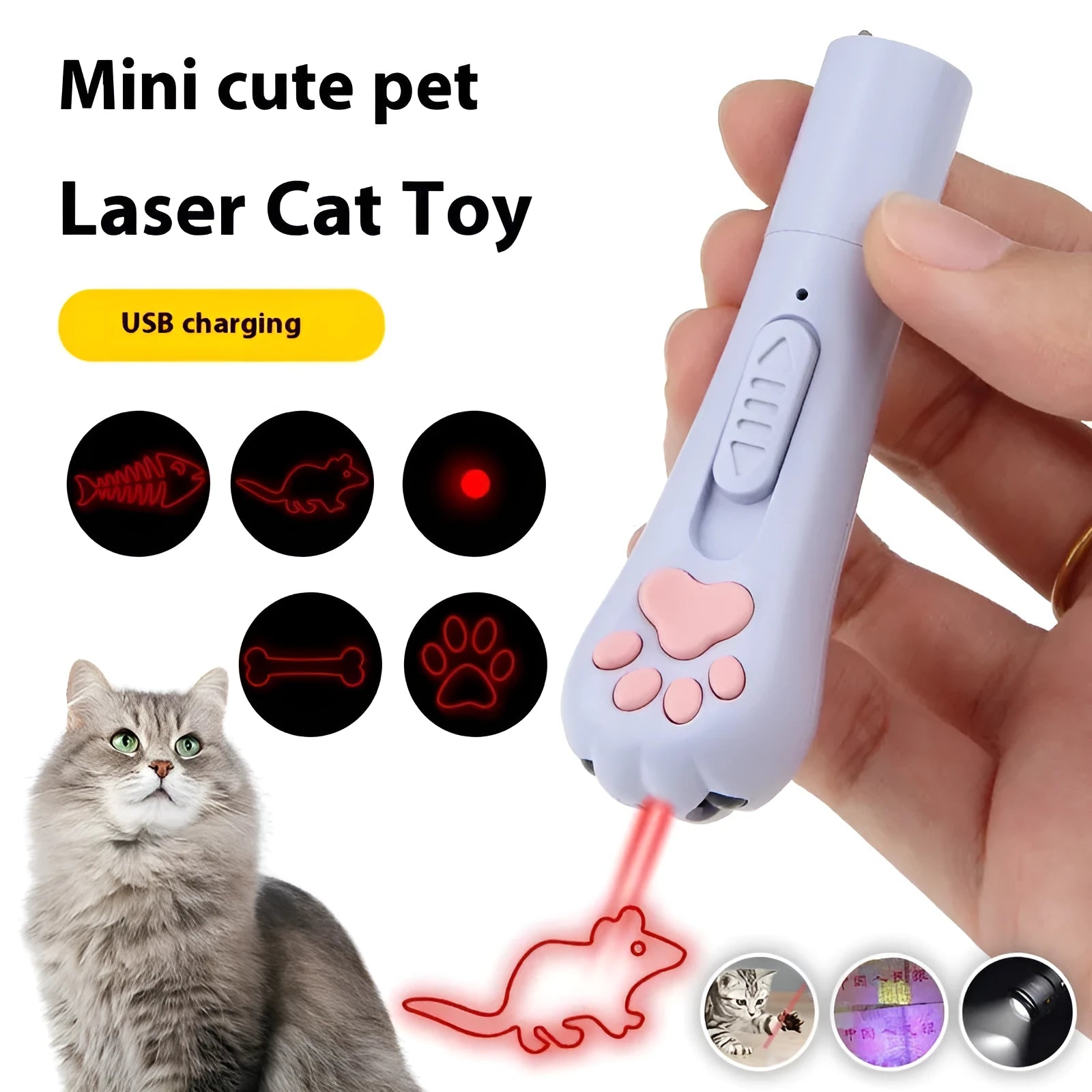 Colourful infrared cat teasing stick toy with laser patterns and LED moonlight lamp for interactive pet play