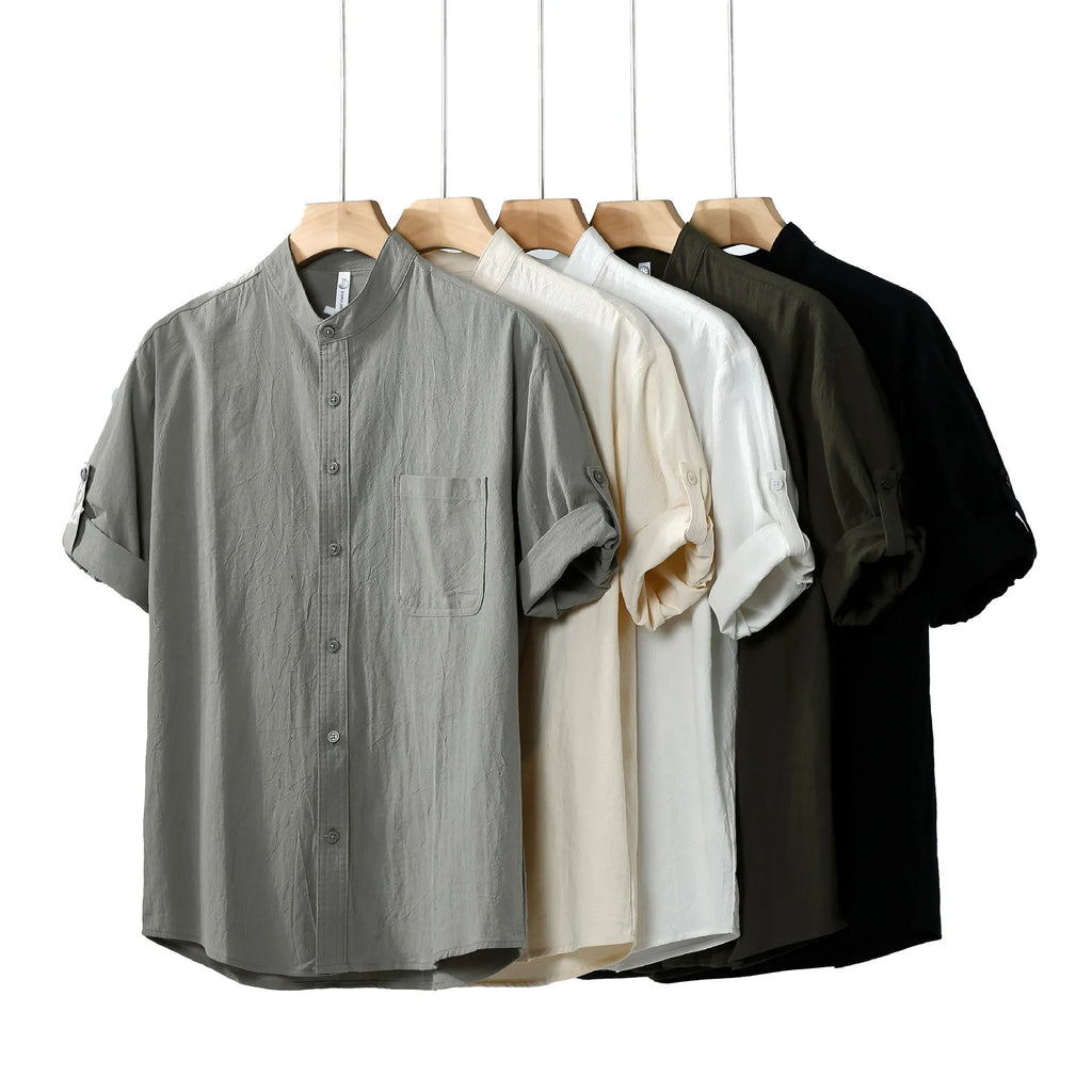 Men's loose-fit short-sleeve linen shirt in a solid colour with a stand collar.