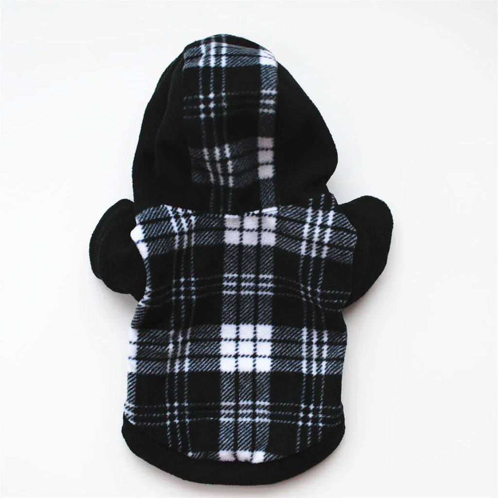 Fleece dog hooded sweater in black and white grid, winter clothing for small to large dogs