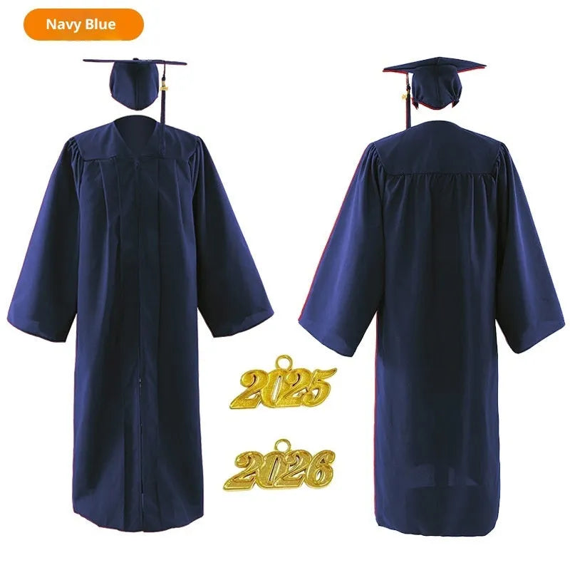 Matte satin graduation dress in black, white, red, yellow, emerald green, sapphire blue, navy blue, pink, dark green, sky blue, and purple options