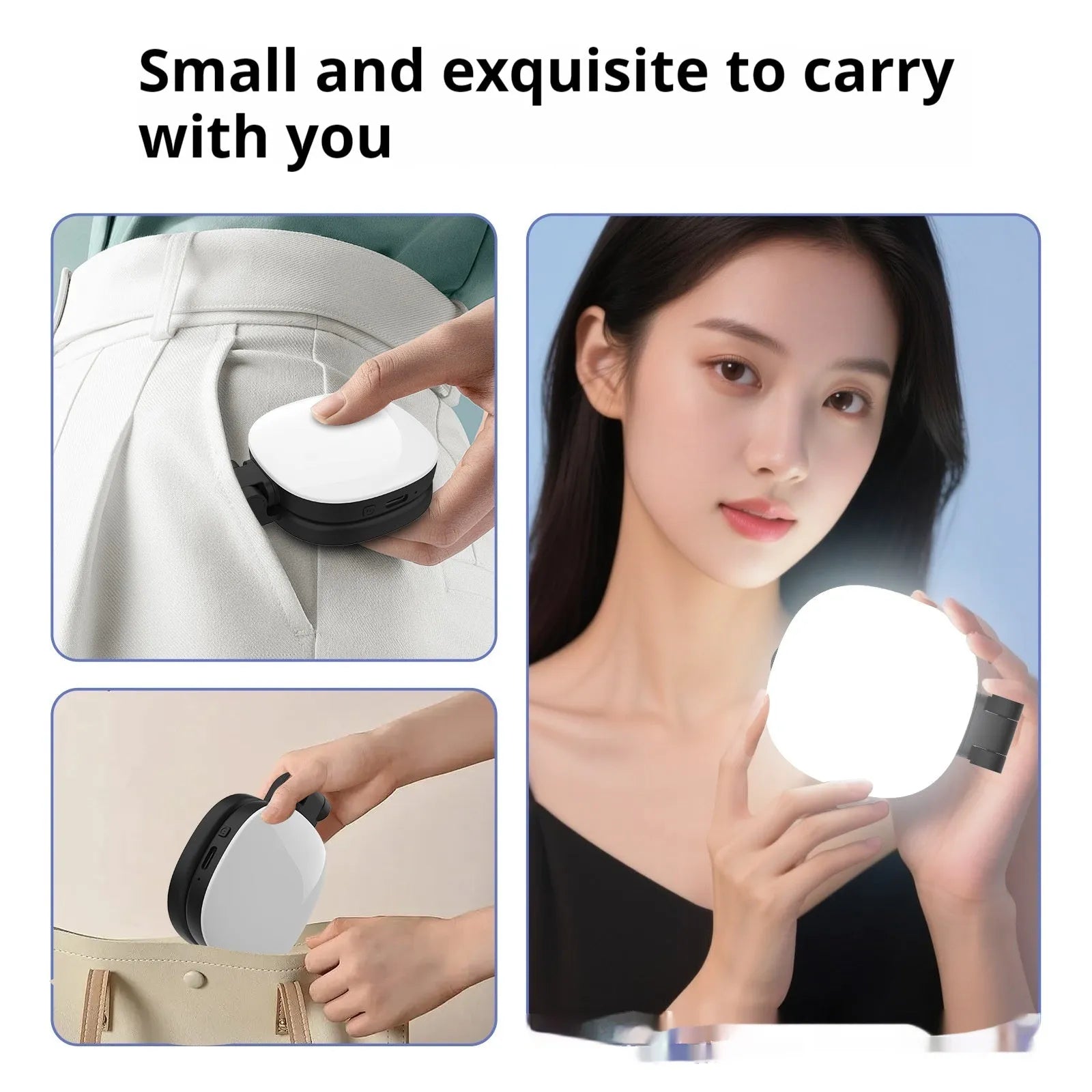 Black and white mobile phone magnetic selfie fill light with adjustable colour temperature and brightness control