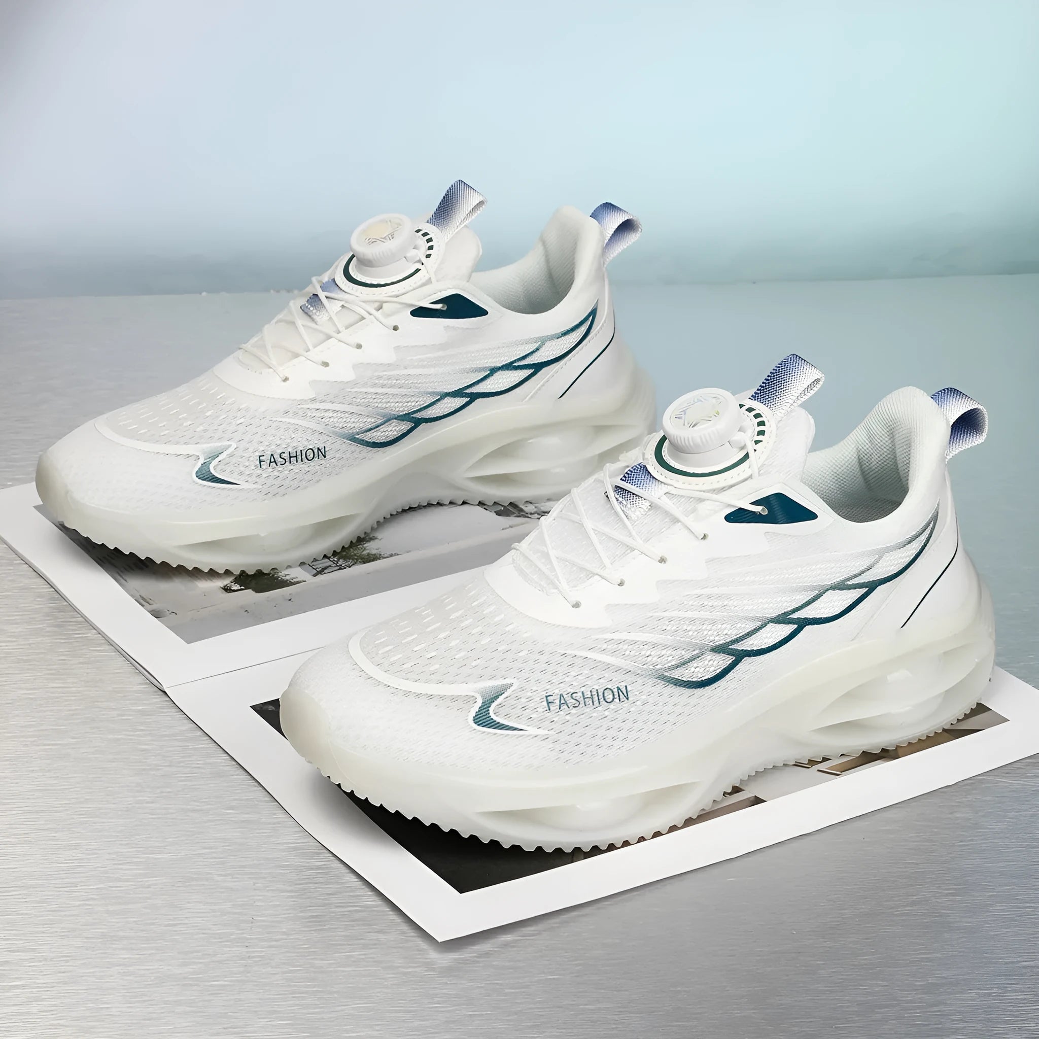 Casual breathable running shoes in sky blue with lace-up front and rubber sole