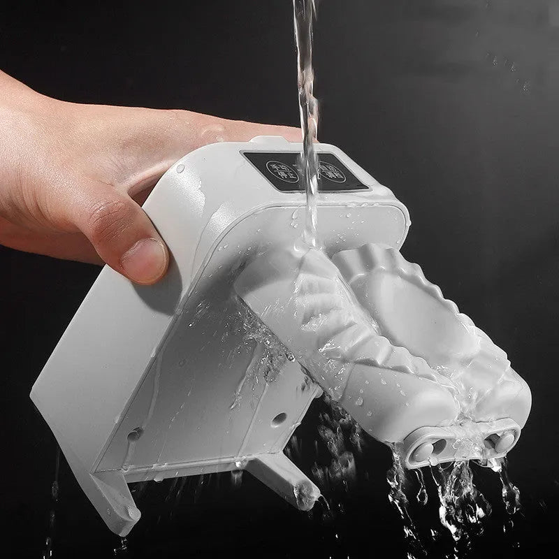 White electric dumpling maker machine with USB charging cable and accessories