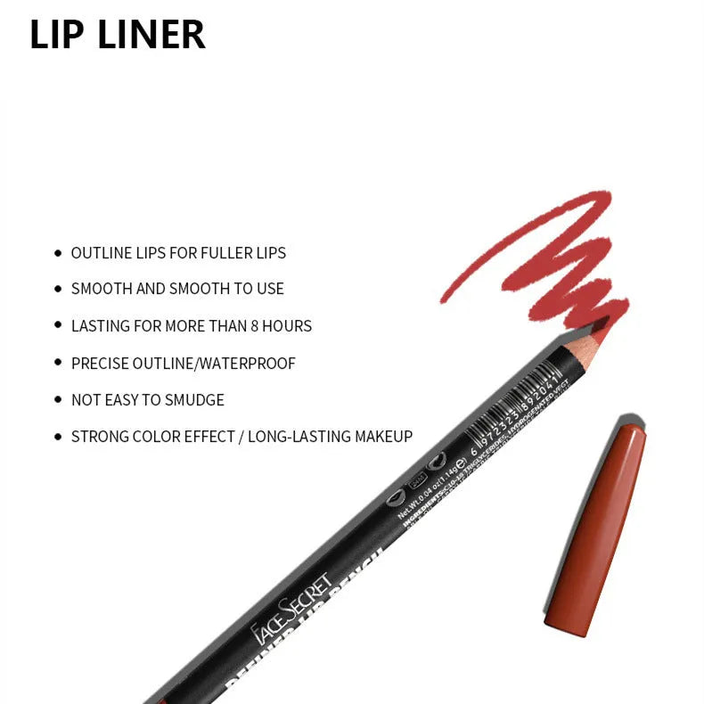 Long-lasting matte lip liner pencil in a wooden case, shown with colour swatches of its 14 available shades.