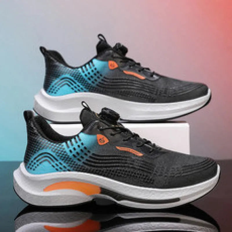 Men's white and blue low-top mesh sneaker with a rotating buckle and rubber sole.