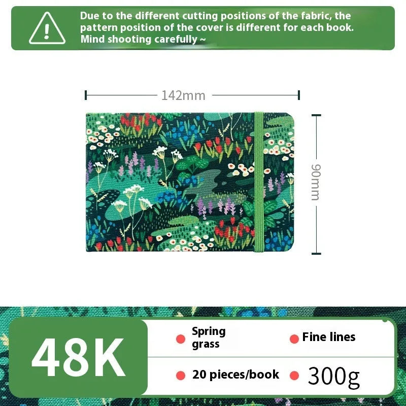 Feiluniao handmade fabric watercolour sketchbook with decorative cover, 185mm long.