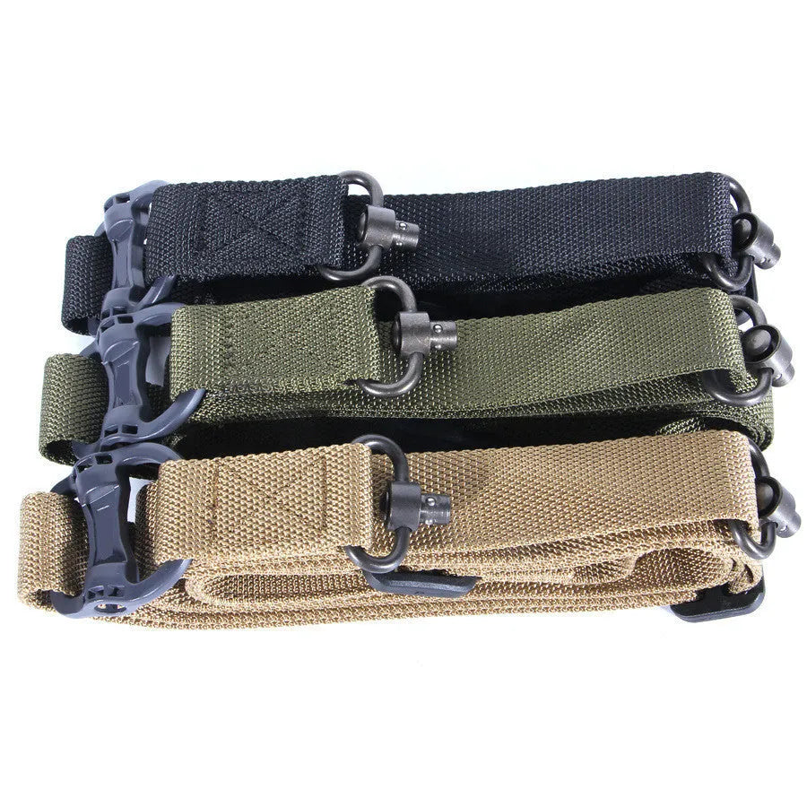 Black nylon tactical multifunctional strap rope with metal buckle, shown fully extended