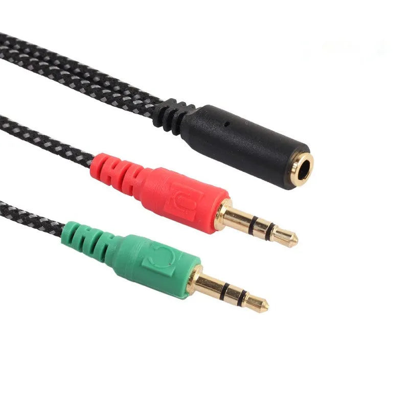 3.5mm one female to two male braided audio conversion wire, 21cm, red and green adapter cable