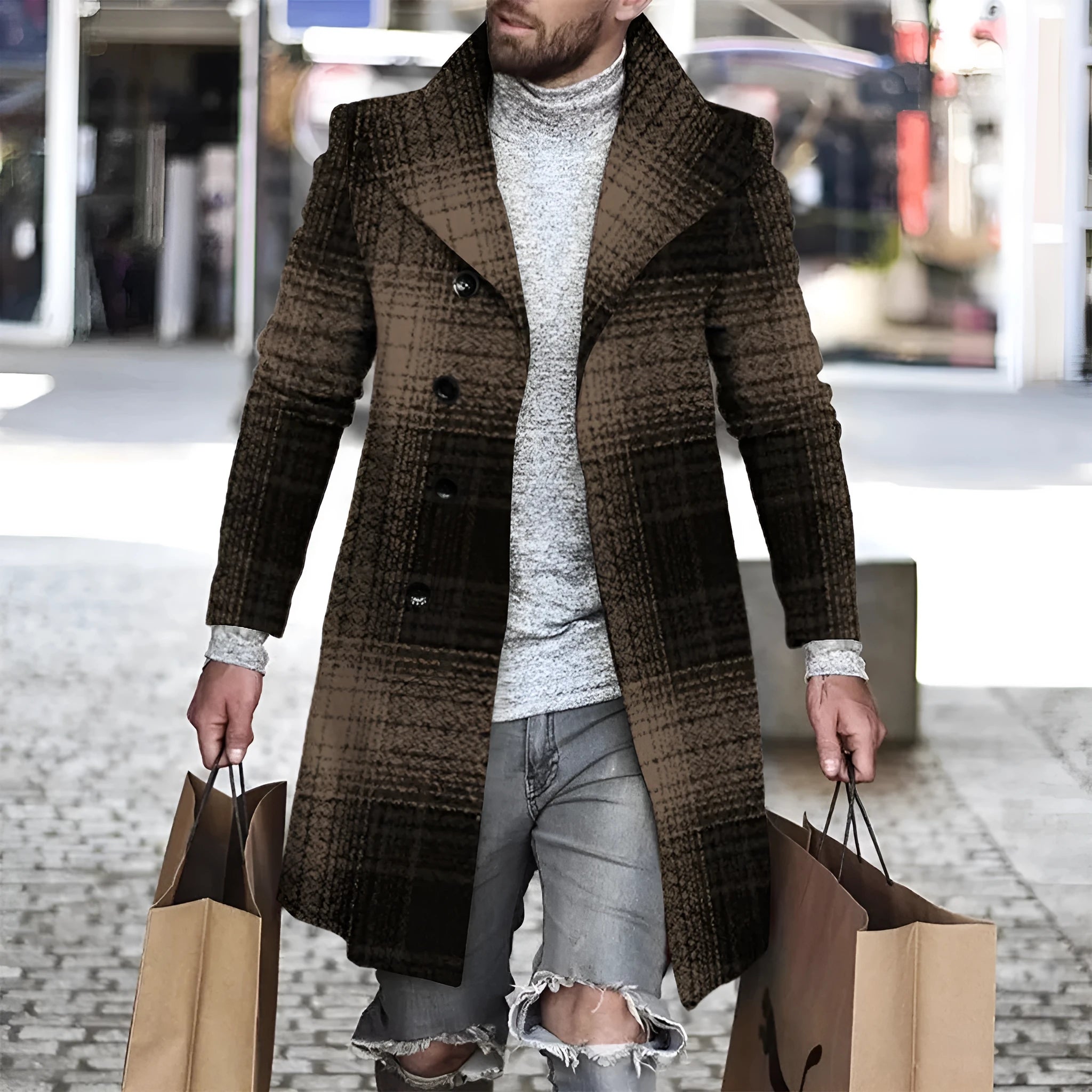 Men's 3D digital print woolen lapel jacket in single-breasted style, 70% polyester blend