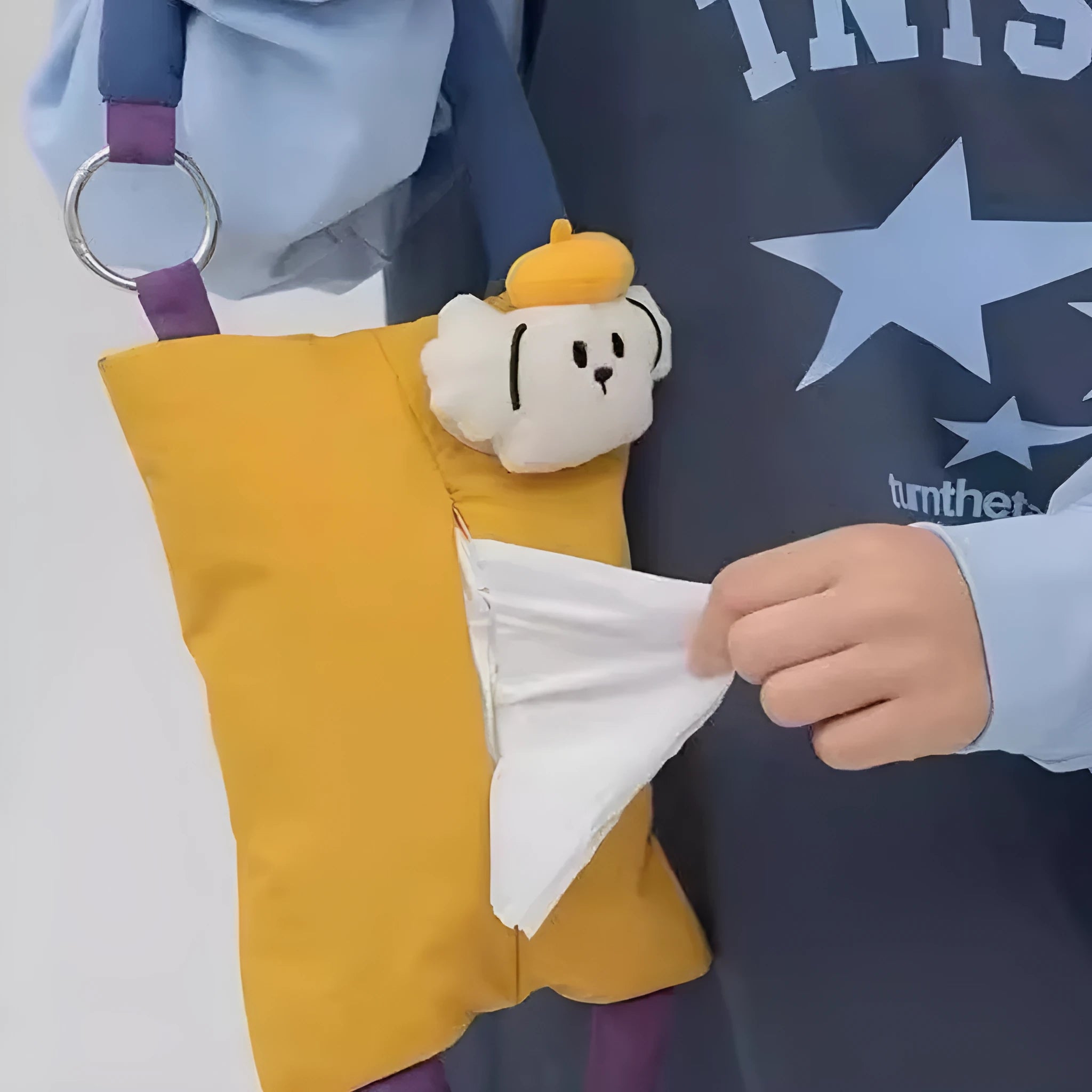 Hanging plush car tissue bag measuring 25cm by 19cm in baby crocodile or hat dog design