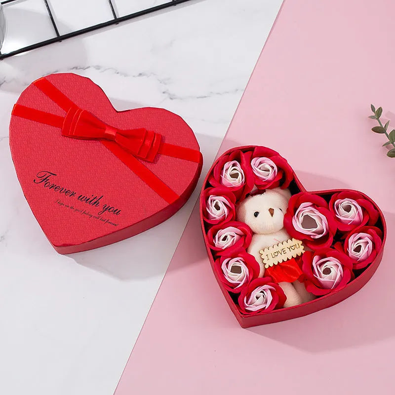 Red heart-shaped gift box containing natural soap roses for Valentine's Day or Mother's Day gifts