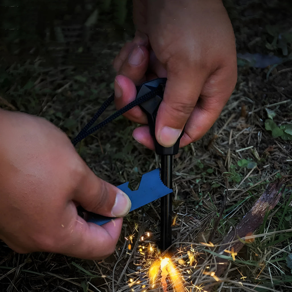 Black outdoor survival flint tool with magnesium rod and stainless steel scraper